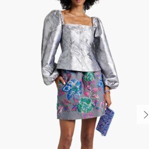 NWOT Ganni Shiny Metallic Jacquard Blouson-sleeve Blouse In Sharkskin S $278